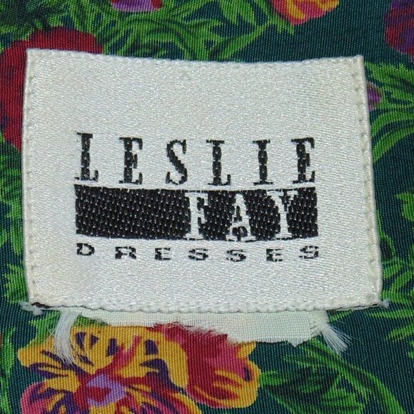 LESLIE FAY Dress, 10, Green Floral, Belt, Short Sleeves, Career, Poly, VINTAGE - Picture 14 of 16